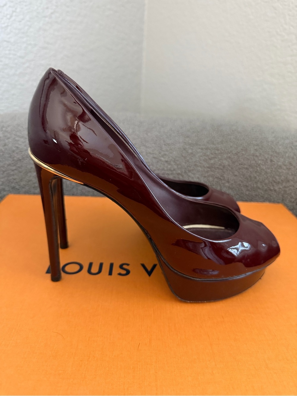 Louis Vuitton Burgundy Patent Platform Stiletto Pumps with Gold Accent